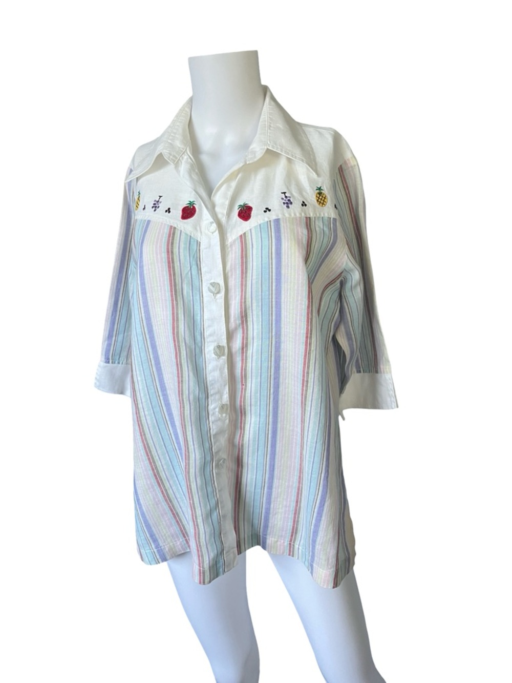Eucalyptus Linen Shirt Button Up Fruit Embroidered Stripes Womens Size 44